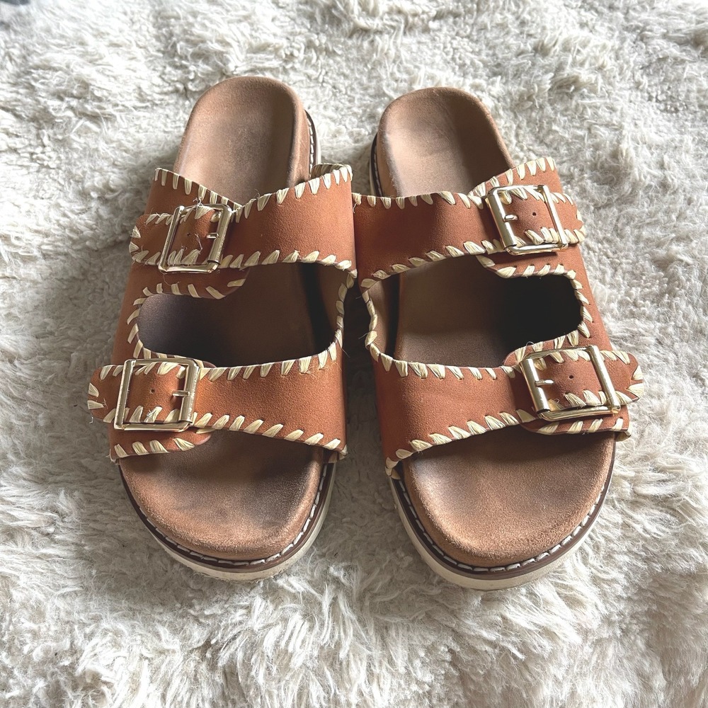 Wyatt Womens Cognac Brown Whipstitch Double Buckle Slide Sandals Size 8.5M